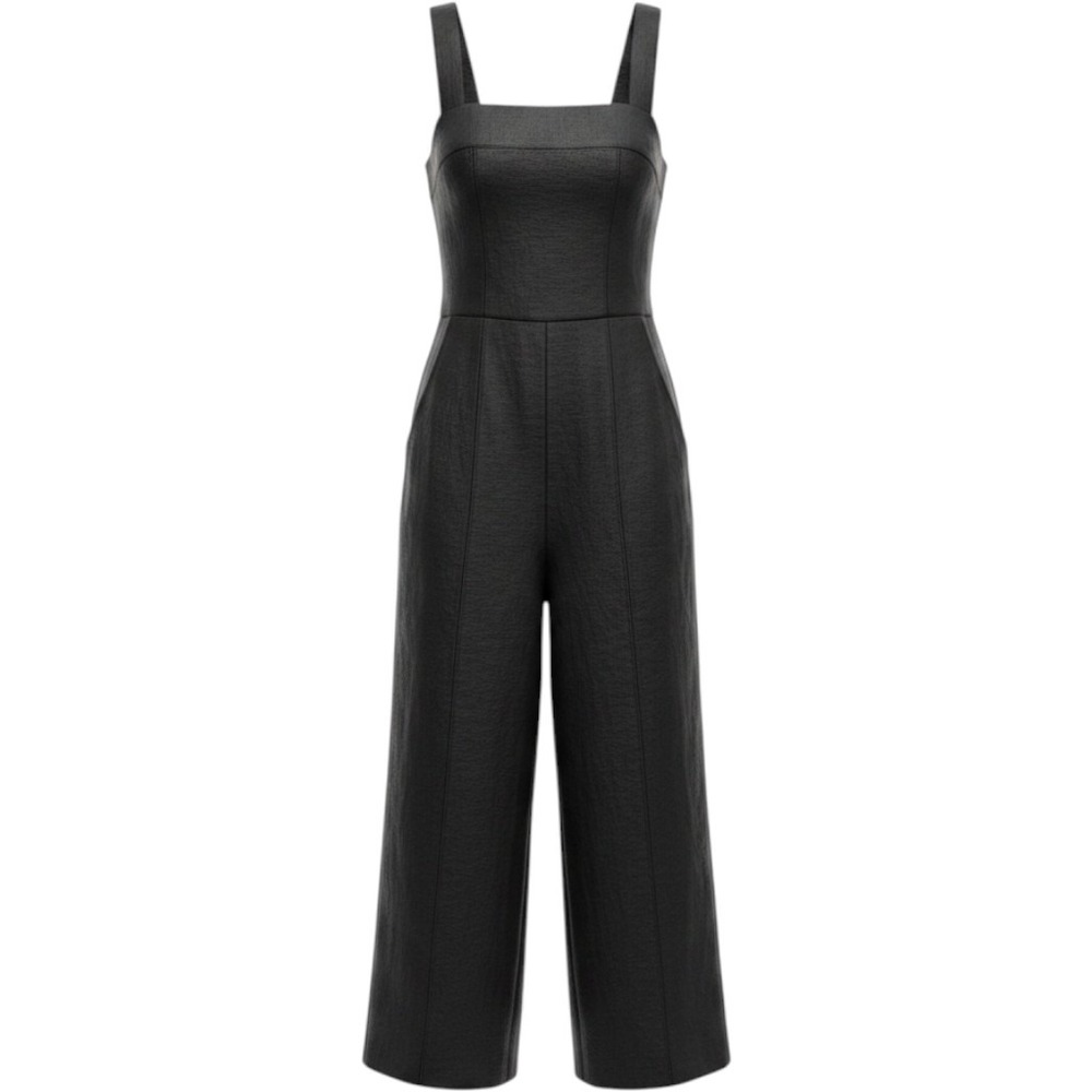 Madewell Black 100% Linen Square Neck Wide Leg Smocked Back Jumpsuit Size 2